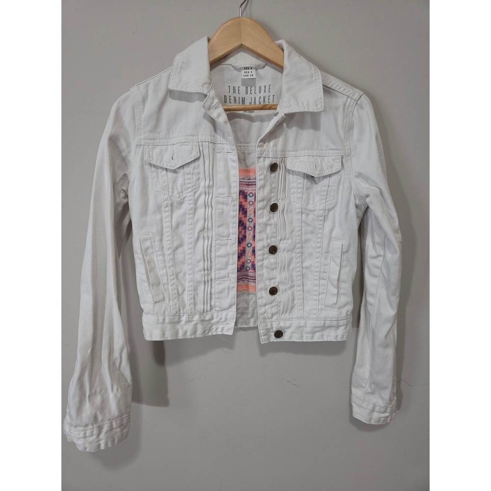 Cotton On White Embroidered Denim Jacket Womens Size 4 Cropped Boho Trucker
